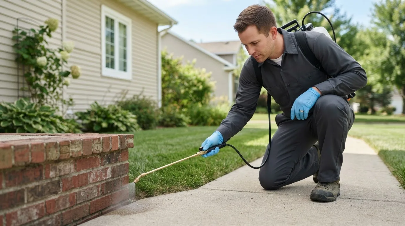 Pest control technician treating a home near Lucas, IA