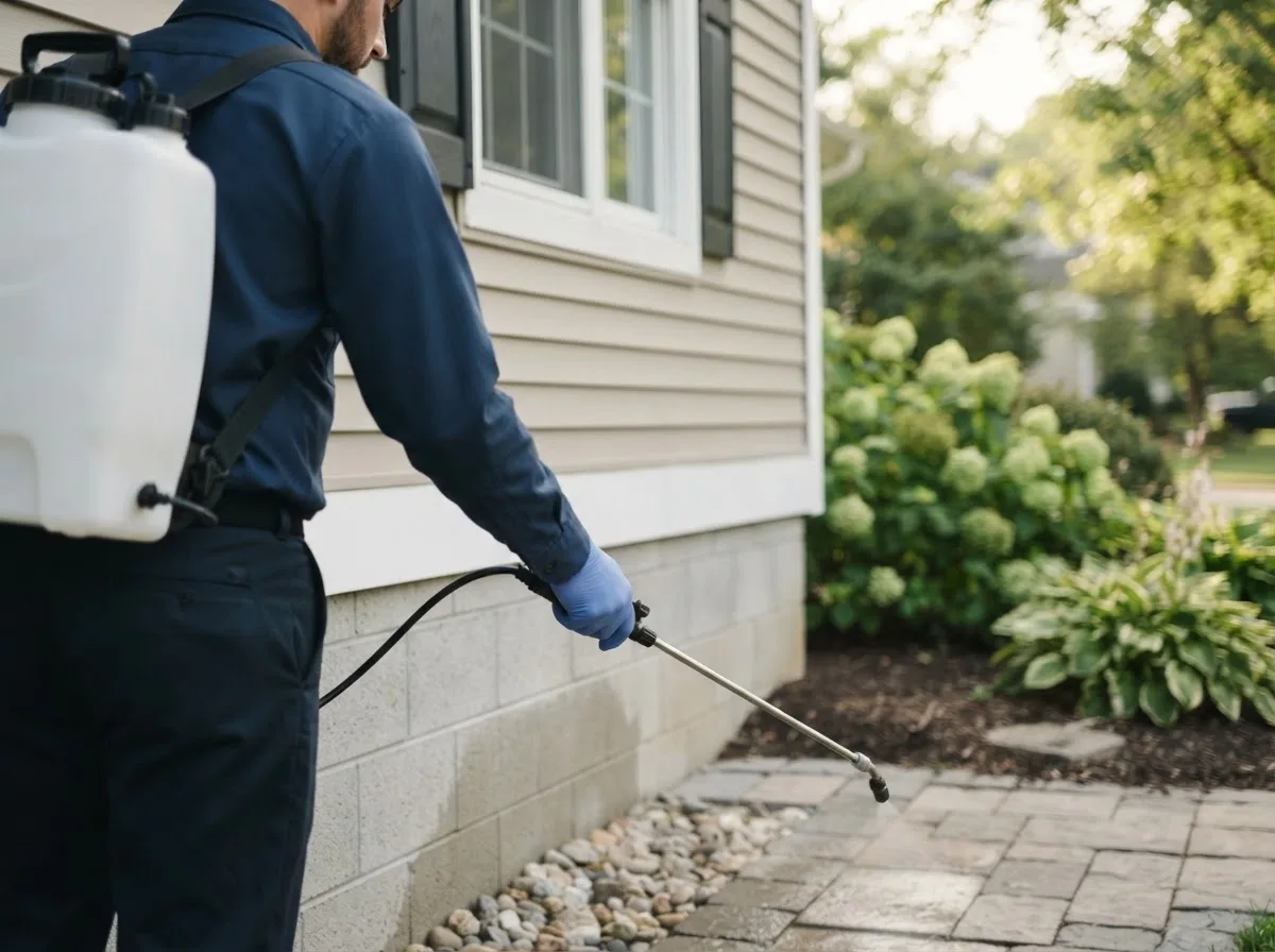 Pest control technician inspecting a home in Lucas, IA
